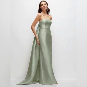 ALFRED SUNG Strapless Satin Twill Column Gown w/ Removable Train sage bridesmaid